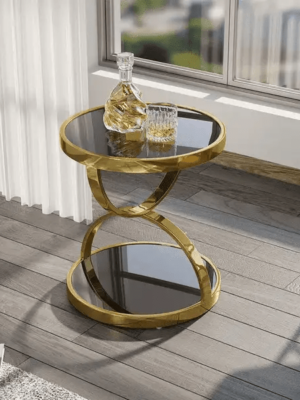 Modanio Handmade Damru Style Side Table With Gold Finish And Glasses