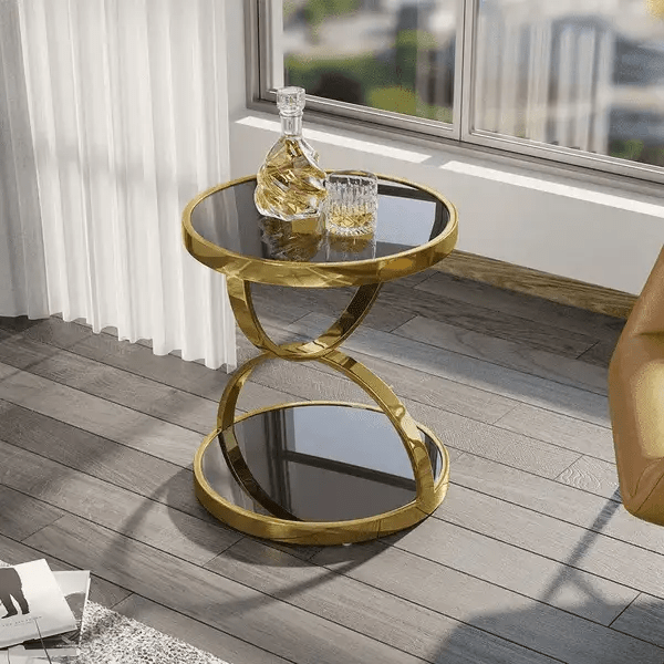 Modanio Handmade Damru Style Side Table With Gold Finish And Glasses