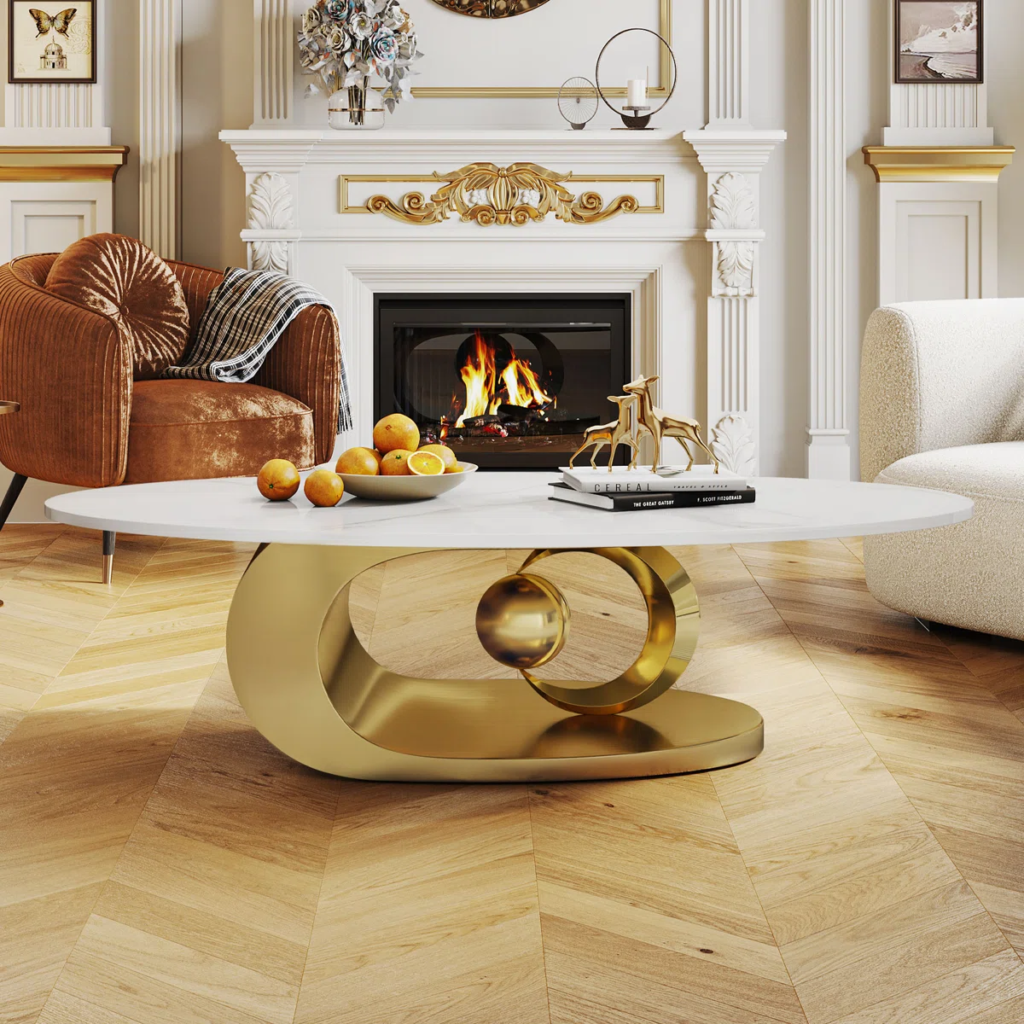 Modanio Astra Luna oval coffee table with white nano marble top and gold PVD finish frame