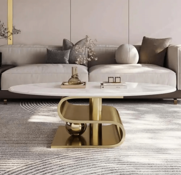 Modanio Vertex Marble Top Coffee Table – Oval Centre Table with Premium Gold Stainless-Steel Base