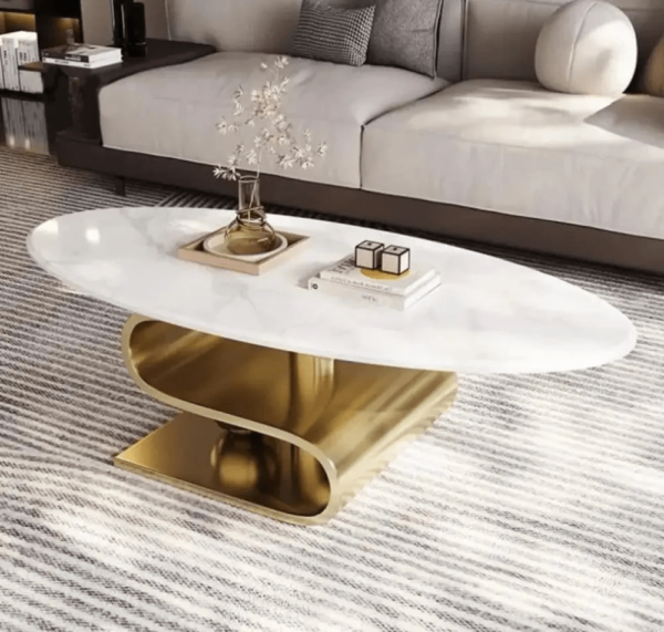 Modanio Vertex Marble Top Coffee Table – Oval Centre Table with Premium Gold Stainless-Steel Base