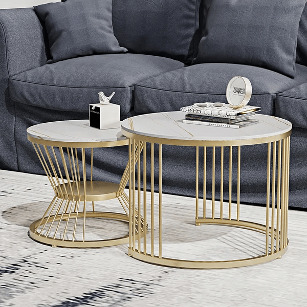 139_1 Modanio Set of 2 Modern Coffee Tables Set – Gold Finish Metal Frame with Composite Marble Top (Round Nesting Centre Tables)