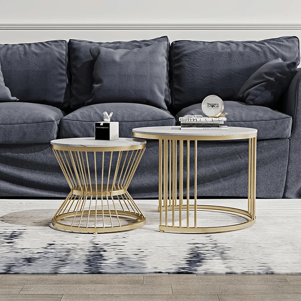 139_2 Modanio Set of 2 Modern Coffee Tables Set – Gold Finish Metal Frame with Composite Marble Top (Round Nesting Centre Tables)