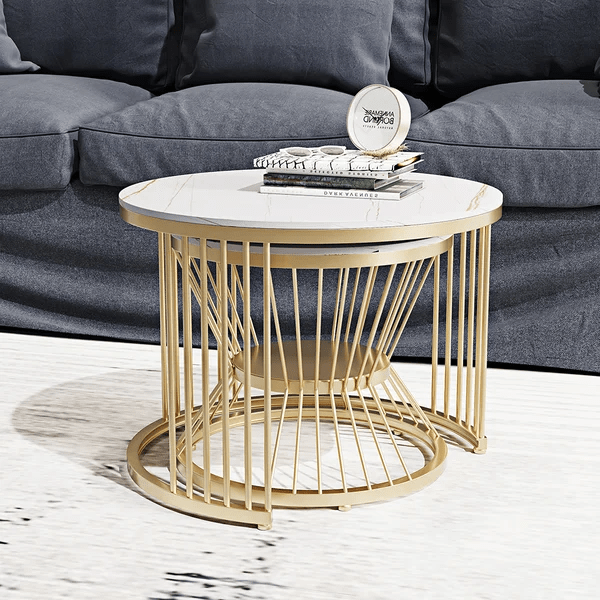 139_3 Modanio Set of 2 Modern Coffee Tables Set – Gold Finish Metal Frame with Composite Marble Top (Round Nesting Centre Tables)