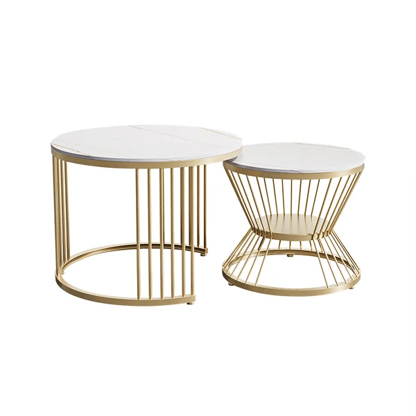139_4 Modanio Set of 2 Modern Coffee Tables Set – Gold Finish Metal Frame with Composite Marble Top (Round Nesting Centre Tables)