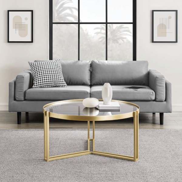Modanio Round Tea Table for Living Room – Gold Finish Metal Frame with Glass Top