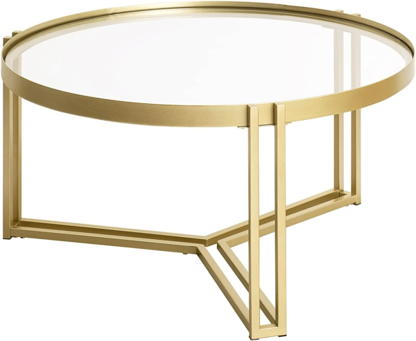 Modanio Round Tea Table for Living Room – Gold Finish Metal Frame with Glass Top