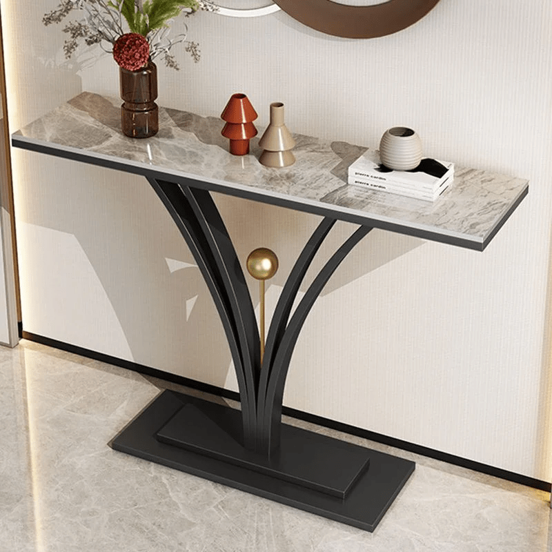Modern luxury entryway table with natural marble top and gold stainless steel frame by Modanio
