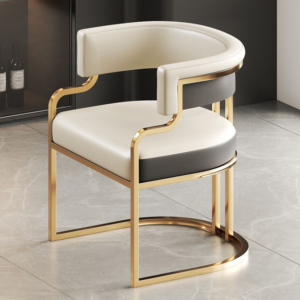 Modern luxury steel dining chairs with PVD finish and plush upholstered seating by Modanio