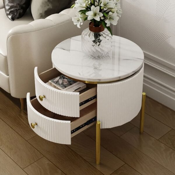 Modanio Round  Wooden Side Table with Italian Marble Top & Storage