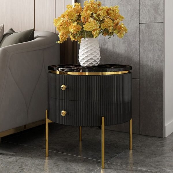 Modanio Round  Wooden Side Table with Italian Marble Top & Storage