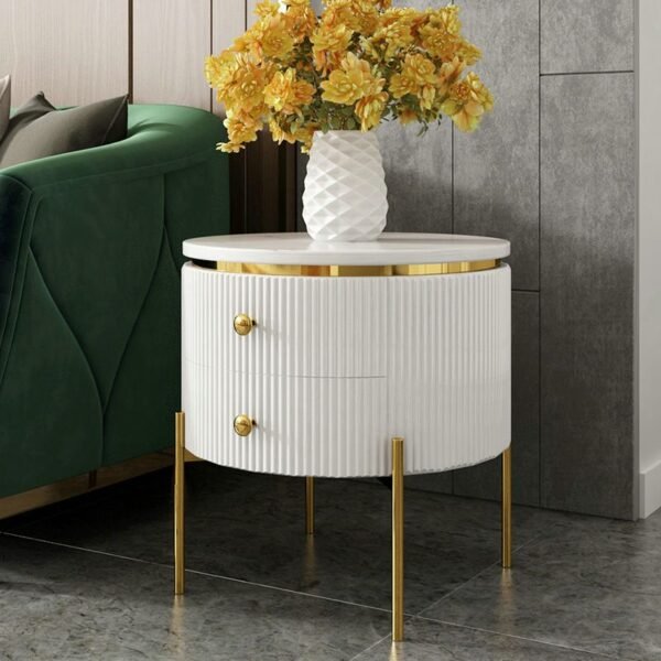 Modanio Round  Wooden Side Table with Italian Marble Top & Storage