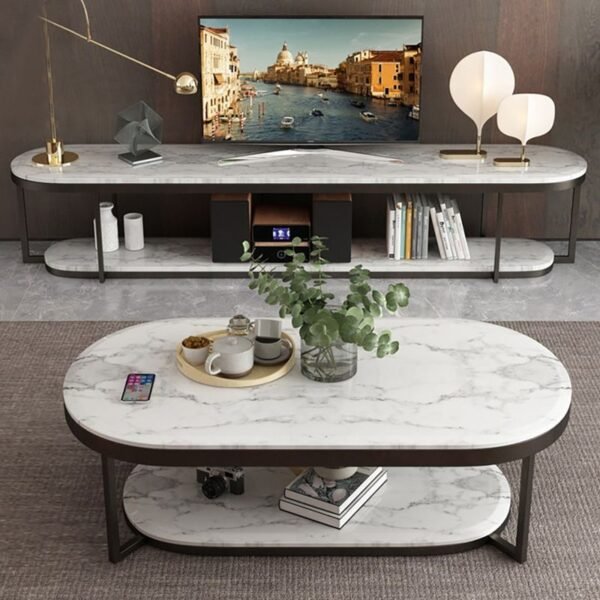 Modanio 2-Tier Metal Black Capsule Coffee Table with Marble Top
