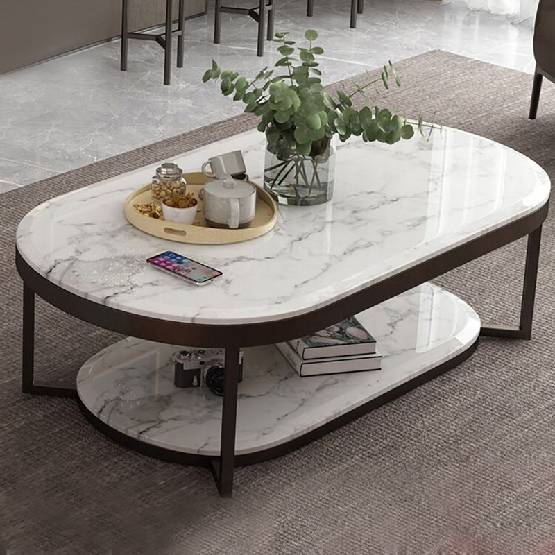 Rectangular coffee table with marble top 2 tier design and gold stainless steel frame by Modanio
