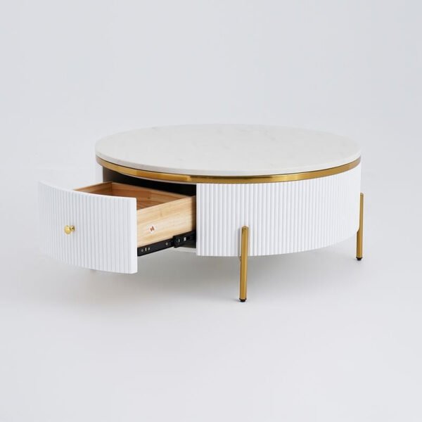 Modanio Wooden Center Table with Marble Top & Storage Drawer – Round Coffee Table with Stainless Steel Frame & PVD Gold Finish