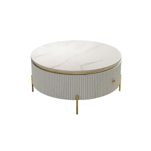 Modanio Wooden Center Table with Marble Top & Storage Drawer – Round Coffee Table with Stainless Steel Frame & PVD Gold Finish
