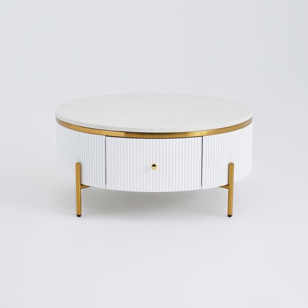 Modanio Wooden Center Table with Marble Top & Storage Drawer – Round Coffee Table with Stainless Steel Frame & PVD Gold Finish