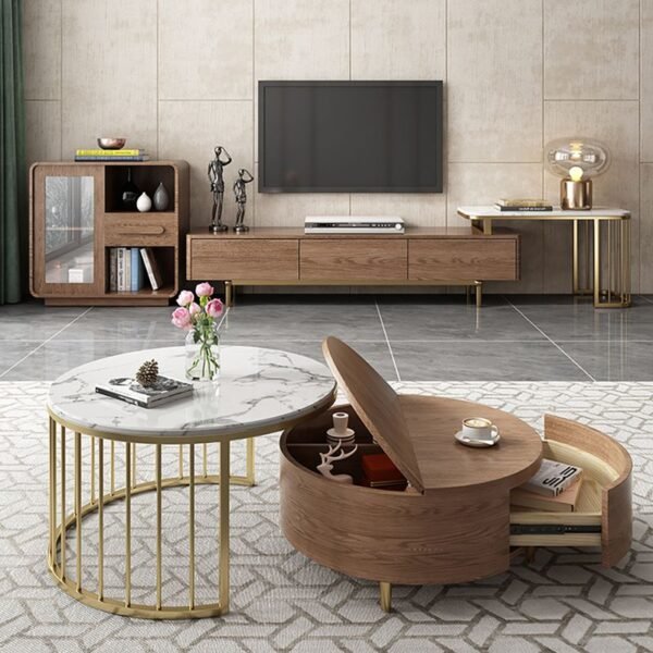 Modanio Round Coffee Table with Storage – Set of 2 Nesting Wood Coffee Tables with  Marble Top & Gold Stainless Steel Frame