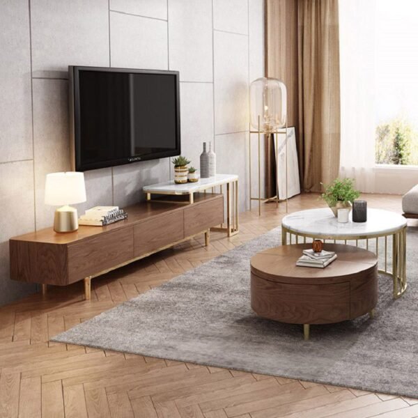 Modanio Round Coffee Table with Storage – Set of 2 Nesting Wood Coffee Tables with  Marble Top & Gold Stainless Steel Frame