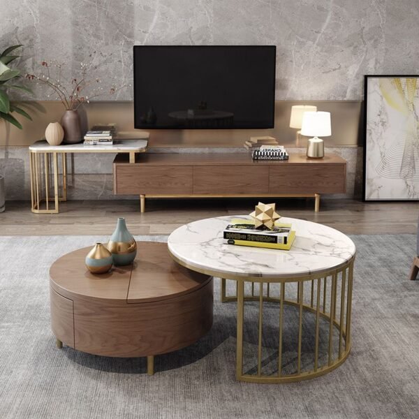 Modanio Round Coffee Table with Storage – Set of 2 Nesting Wood Coffee Tables with  Marble Top & Gold Stainless Steel Frame