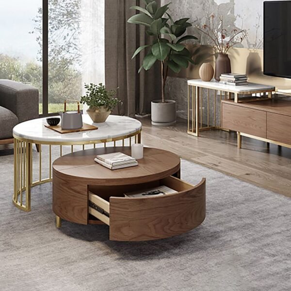 Modanio Round Coffee Table with Storage – Set of 2 Nesting Wood Coffee Tables with  Marble Top & Gold Stainless Steel Frame