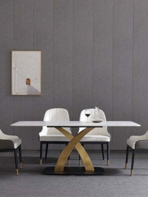 Modanio Twin Turris Dining Table with Nano Marble Top & 6 Chairs | Gold PVD Finish