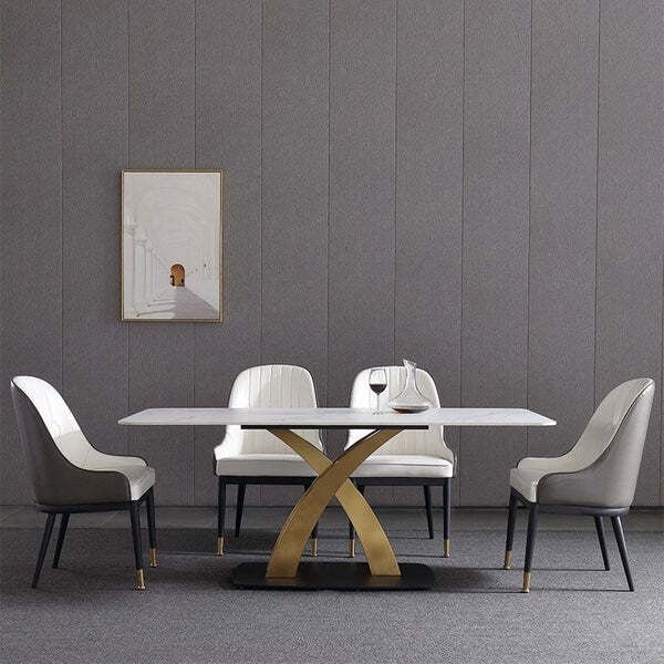 Modanio Twin Turris Dining Table with Nano Marble Top & 6 Chairs | Gold PVD Finish