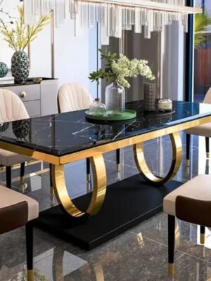 Modanio Prime Arc Dining Table with Marble Top & 6 Chairs | PVD Finish