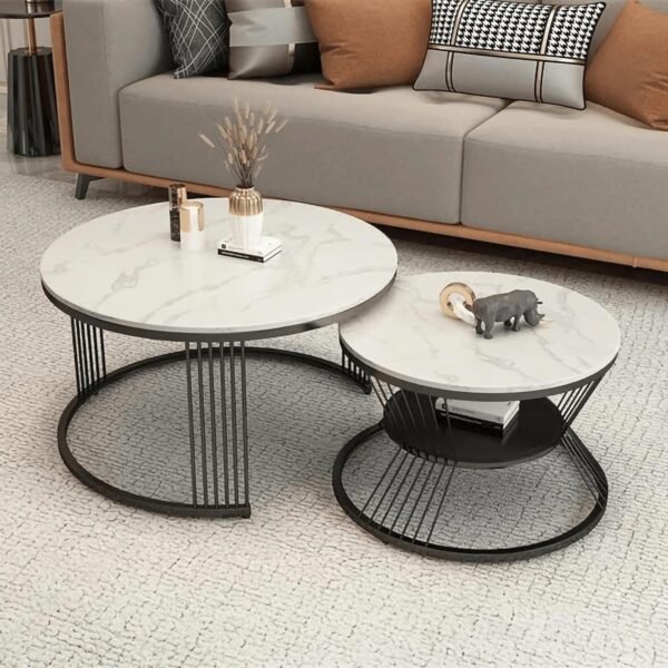 IMG-20250208-WA0010 Modanio Set of 2 Modern Coffee Tables Set – Gold Finish Metal Frame with Composite Marble Top (Round Nesting Centre Tables)