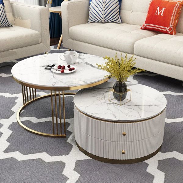 Modanio Elegant Nesting Coffee Table Set – Round Marble Top Coffee Tables with Gold Stainless Steel Frame for Modern Living Rooms
