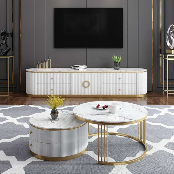 Modanio Elegant Nesting Coffee Table Set – Round Marble Top Coffee Tables with Gold Stainless Steel Frame for Modern Living Rooms