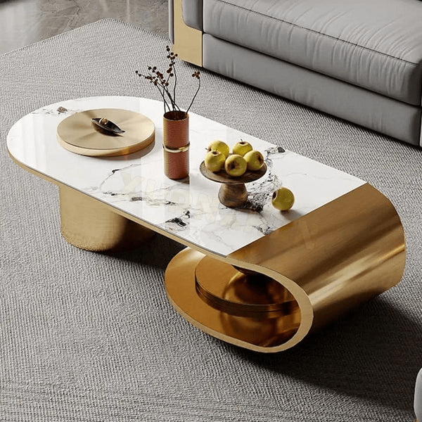 Modanio Parallel Edge Centre Table For Living Room with Gold Finish and Marble Top