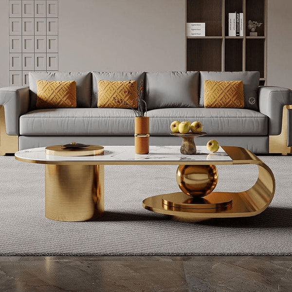 Modanio Parallel Edge Centre Table For Living Room with Gold Finish and Marble Top