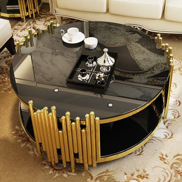 Modanio Nebula Nest Round Coffee Table with Glass Top – Luxury Stainless Steel Center Table with PVD Gold Finish for Living Room & Office