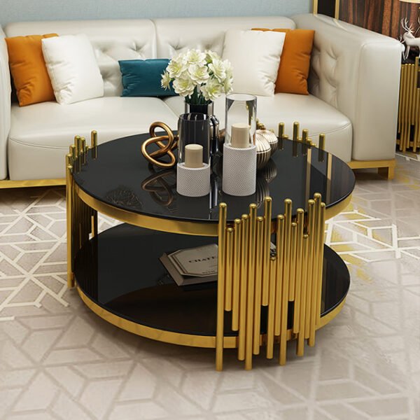 Modanio Nebula Nest Round Coffee Table with Glass Top – Luxury Stainless Steel Center Table with PVD Gold Finish for Living Room & Office