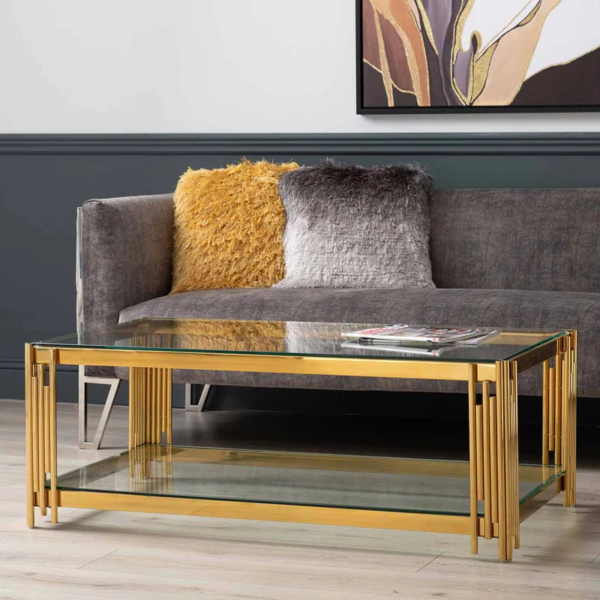 Modanio Rectangular Nebula Nest Center Table – Glass Top Coffee Table with PVD Gold Stainless-Steel Frame