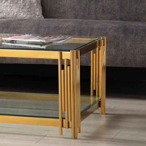 Modanio Rectangular Nebula Nest Center Table – Glass Top Coffee Table with PVD Gold Stainless-Steel Frame