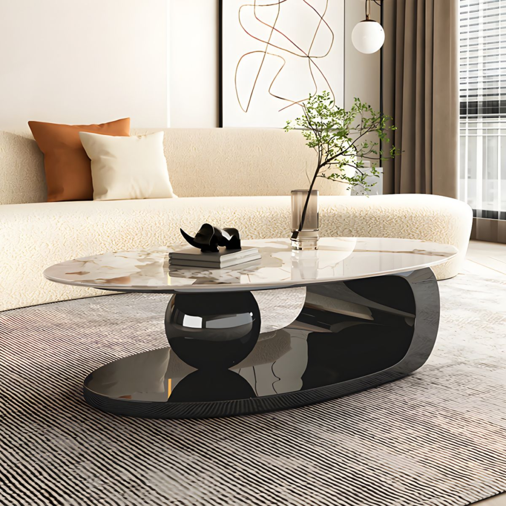 Modanio luxury oval coffee table for living room with white nano marble top and gold PVD finish frame