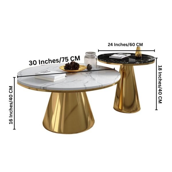 Modanio Conic Duo Coffee Table Set – Gold Finish Stainless-Steel Frame with Marble Top (Set of 2, Round Centre Tables)