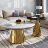 Modanio Conic Duo Coffee Table Set – Gold Finish Stainless-Steel Frame with Marble Top (Set of 2, Round Centre Tables)