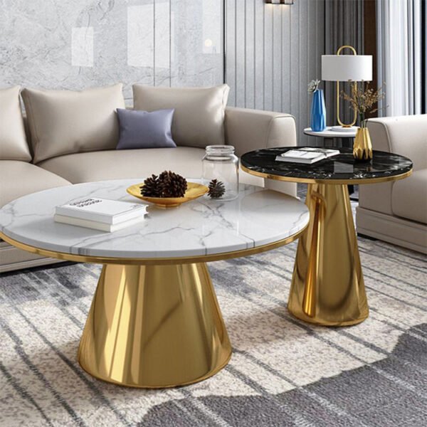Modanio Conic Duo Coffee Table Set – Gold Finish Stainless-Steel Frame with Marble Top (Set of 2, Round Centre Tables)