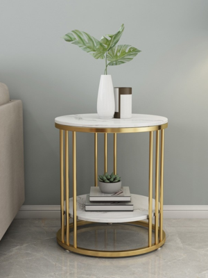 Modanio 2 Tier Round Coffee Table with Double Marble Top and Gold Finish