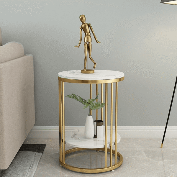 Modanio 2 Tier Round Coffee Table with Double Marble Top and Gold Finish