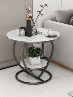 Modanio 2 Tier Handmade Heart Shape Nightstand Bedside Table with Marble Top and Gold Finish