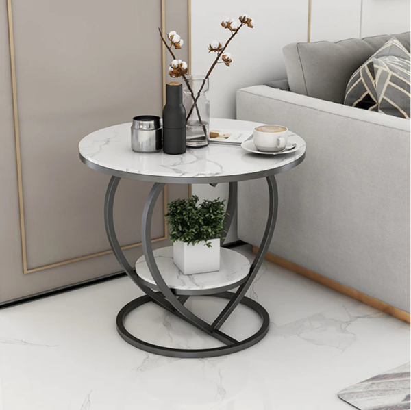 Modanio 2 Tier Handmade Heart Shape Nightstand Bedside Table with Marble Top and Gold Finish