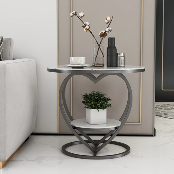 Modanio 2 Tier Handmade Heart Shape Nightstand Bedside Table with Marble Top and Gold Finish