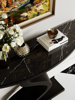 Modanio Modern Black Curved Console Table with Marble Top