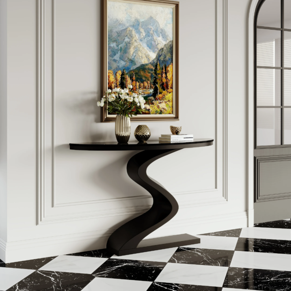 Modanio Modern Black Curved Console Table with Marble Top