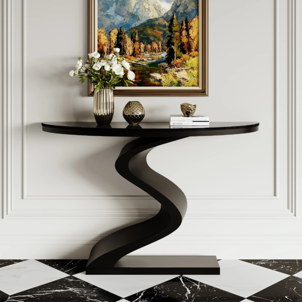 Modanio Modern Black Curved Console Table with Marble Top