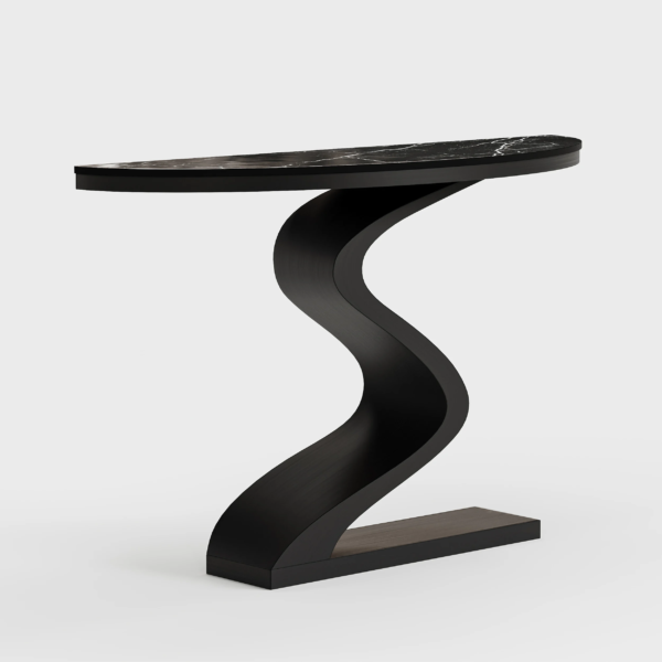Bespoke modern luxury console table with natural white marble top and architectural stainless steel base by Modanio